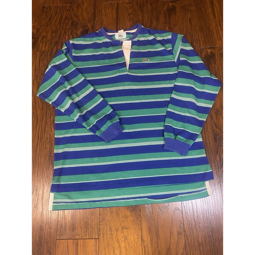 Vintage Izod‎ Lacoste Mens Striped Long Sleeve Rugby Henley Shirt Blue Green